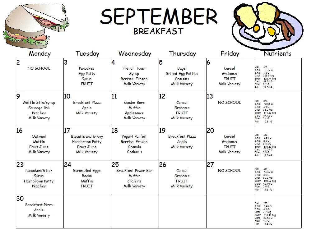 September Breakfast Menu, Click menu to see larger view.