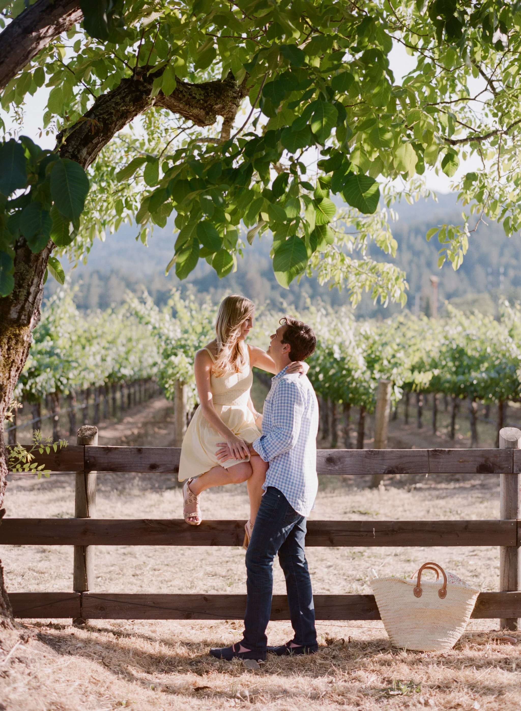 A couple gazes at one another in front of fields of grape vines at a Napa winery during an engagement session with Sylvie Gil.