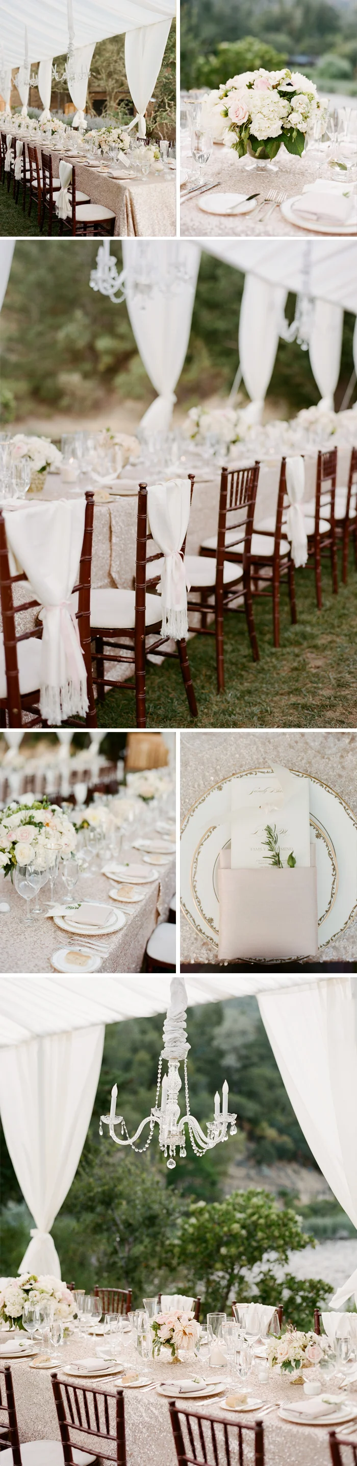 Shawls tied behind chairs, painted plates, glittering tablecloths, and gorgeous floral arrangements add to the elegance of the outdoor reception; photo by Sylvie Gil