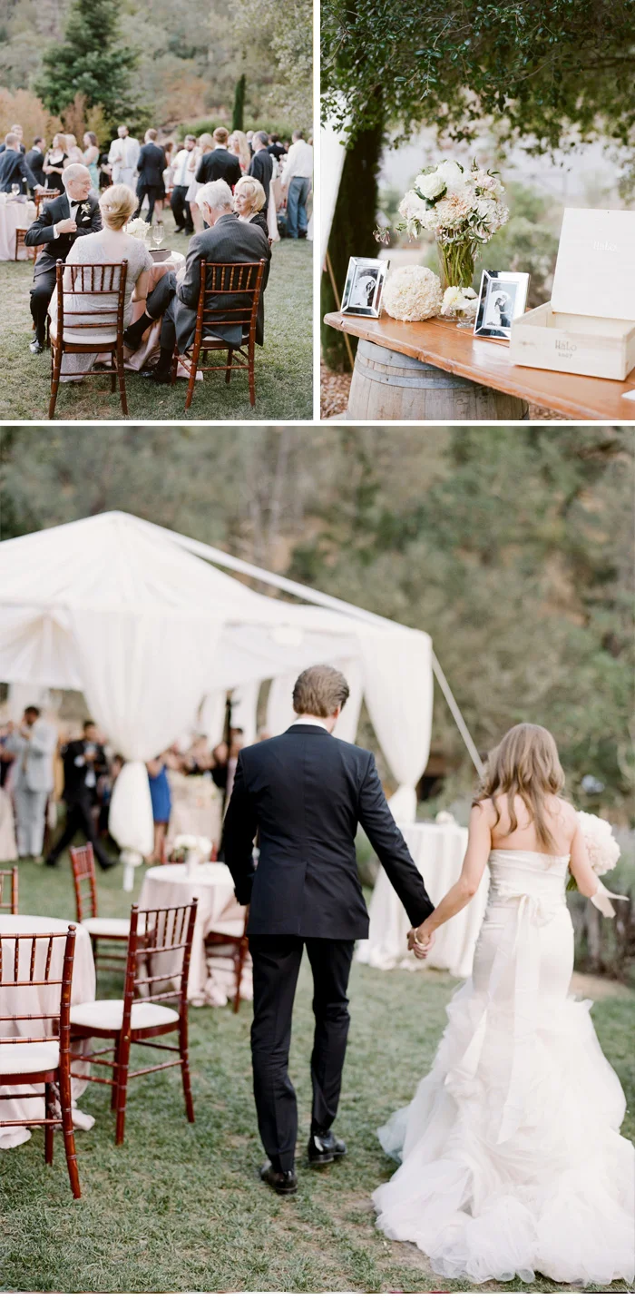 Michael and Lauren enter their outdoor reception where guests are socializing and charming accents display their love story; photo by Sylvie Gil