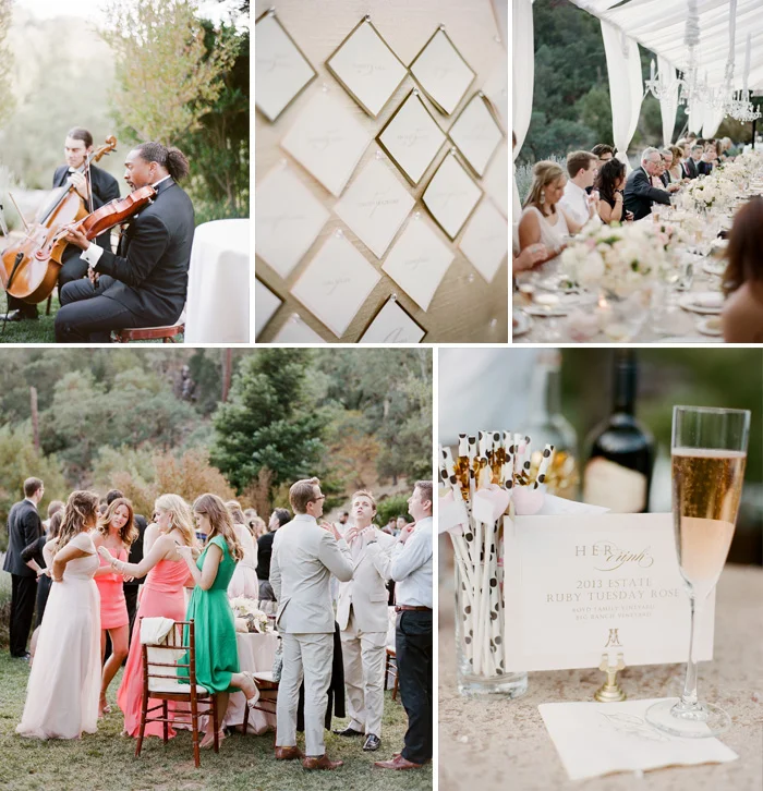 Accents from the outdoor reception - guests mingling, a champagne flute, and guest placecards hung on a pinboard; photo by Sylvie Gil