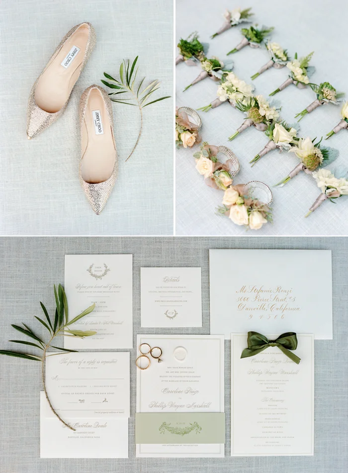 Sequined Jimmy Choo flats, boutonnieres and corsages, olive branch invitation suite; Sylvie Gil Photography