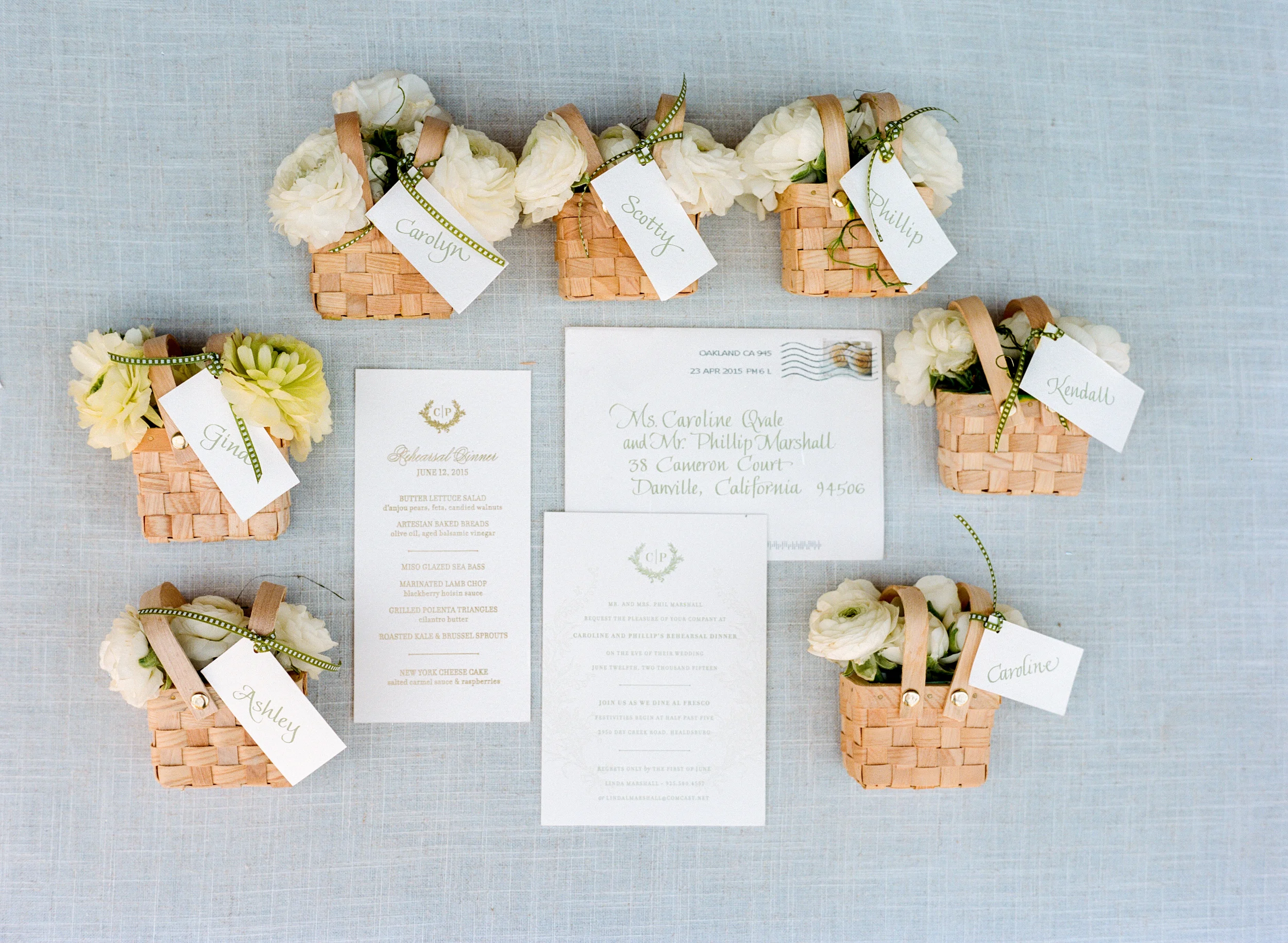 Bridal party wedding favors, invitation suite; Sylvie Gil Photography