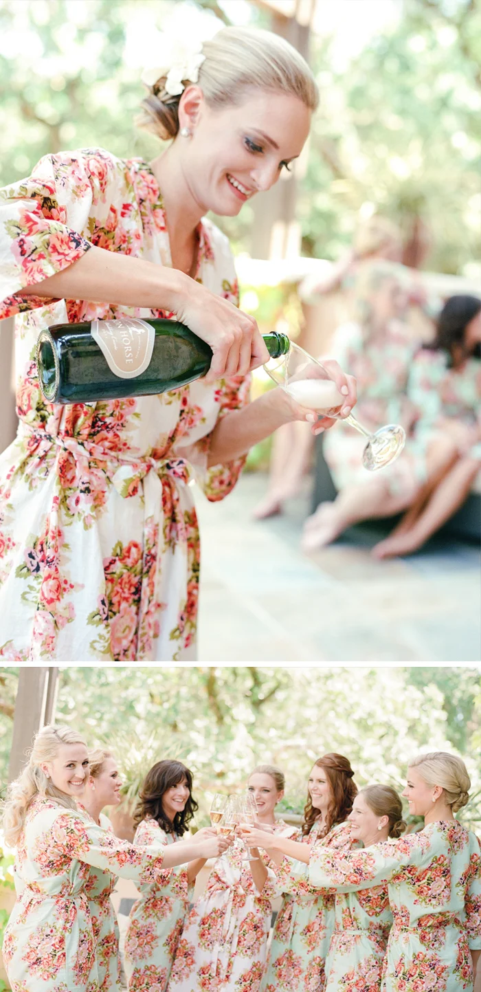 Bride and bridesmaids toast champagne before wedding; Sylvie Gil Photography