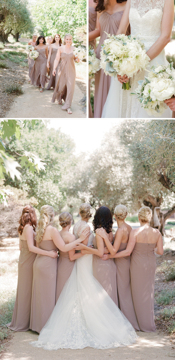 Bride poses with bridesmaids in strapless mauve gowns; Sylvie Gil Photography