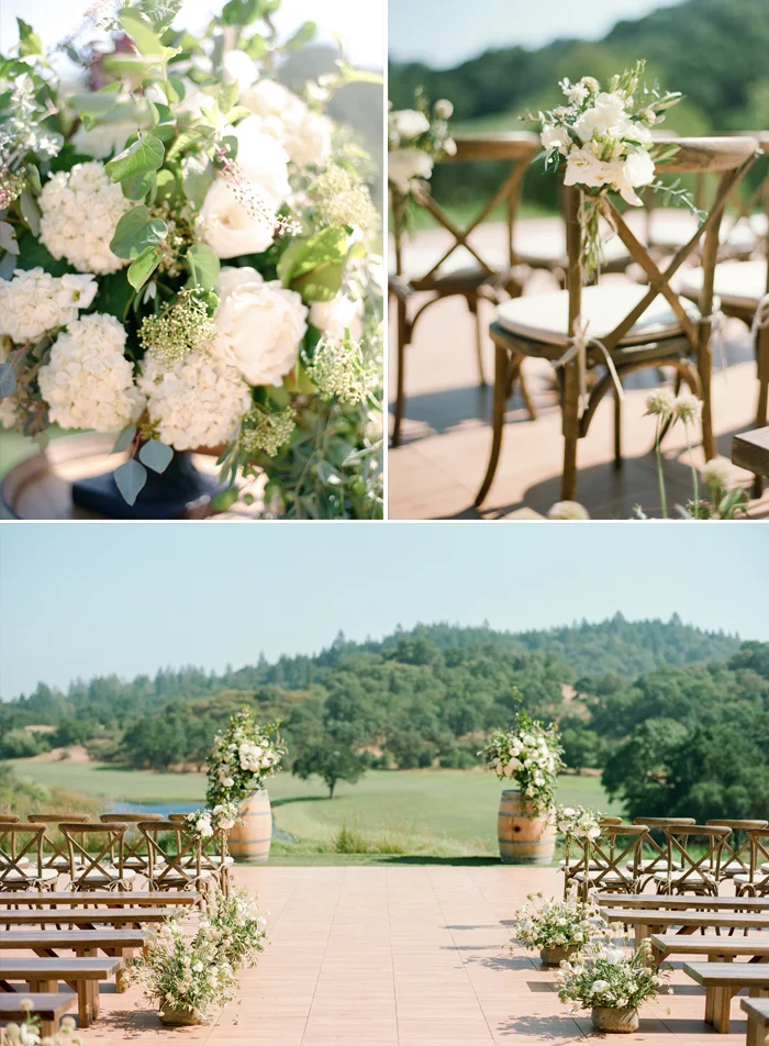 Olive florals and ceremony seating at Calistoga Ranch venue Mayacama Golf Club; Sylvie Gil Photography
