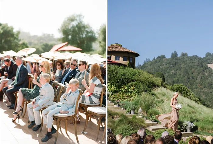 Ceremony guests with parasols, bridesmaid procession during outdoor Calistoga Ranch ceremony; Sylvie Gil Photography