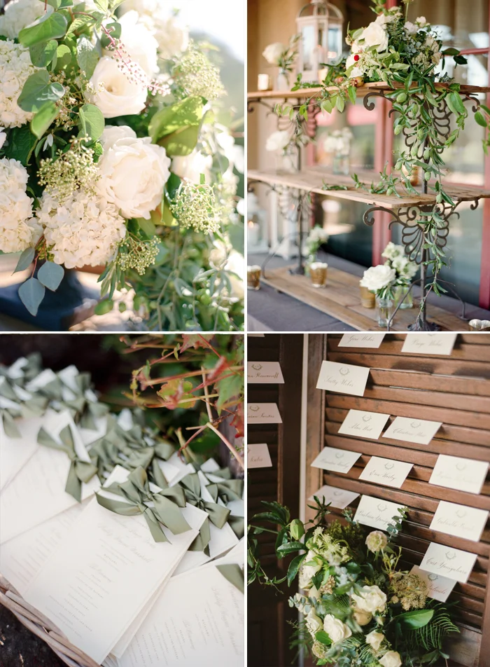 Calistoga Ranch wedding floral details, window shutter placecard and program arrangements; Sylvie Gil Photography