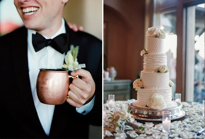 Copper mugs at reception; four tier wedding cake with peonies made by Mayacama in Calistoga Ranch; Sylvie Gil Photography