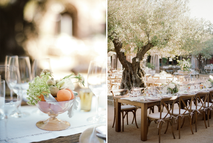 Fruit bowl centerpiece, courtyard reception tables under Calistoga Ranch olive trees; Sylvie Gil Photography