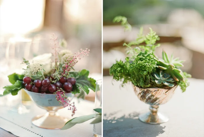 Small bowl floral and fruit accents with succulents; Sylvie Gil Photography