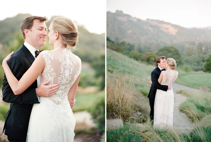Bride and groom share a sunset kiss in Calistoga Ranch venue; Sylvie Gil Photography