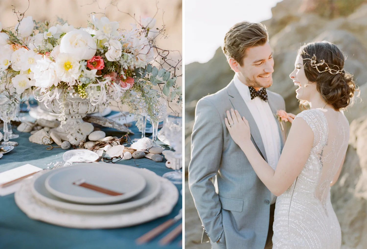 A reception table decorated with seashells and nautical accents; Sylvie Gil Photography