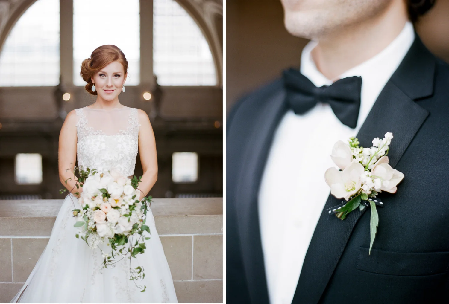 Bride and groom with cream and blush floral details in San Francisco City Hall; Sylvie Gil Photography