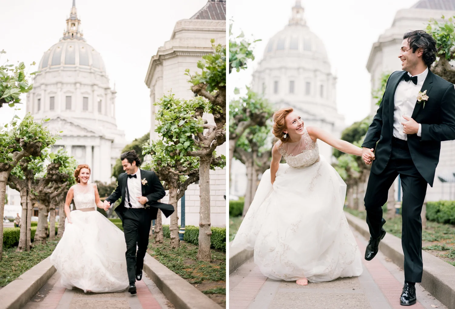 Bride and groom run down a pathway outside San Francisco City Hall hand in hand; Sylvie Gil Photography