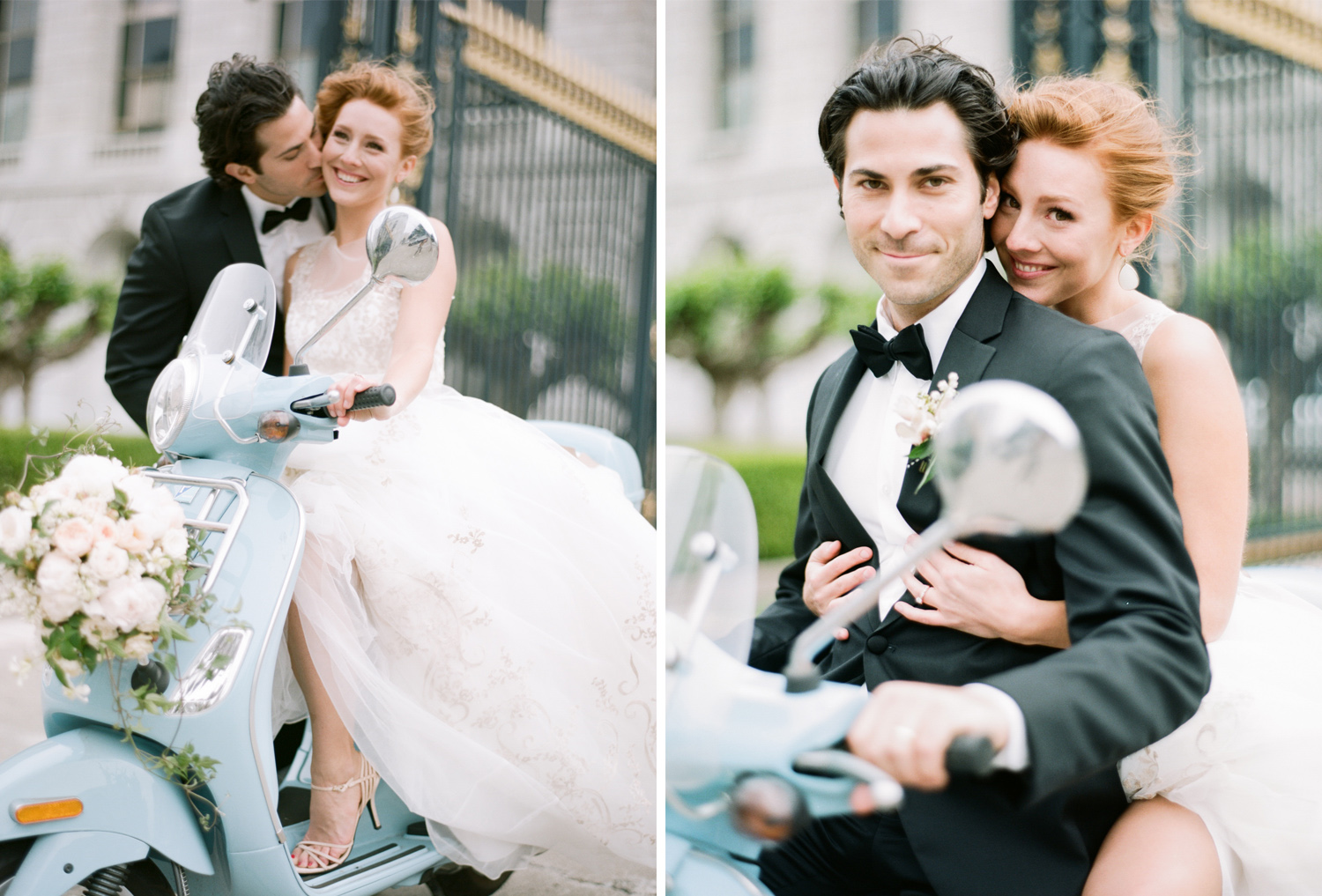 Bride and groom share a kiss on a turquoise Vespa scooter outside San Francisco City Hall; Sylvie Gil Photography
