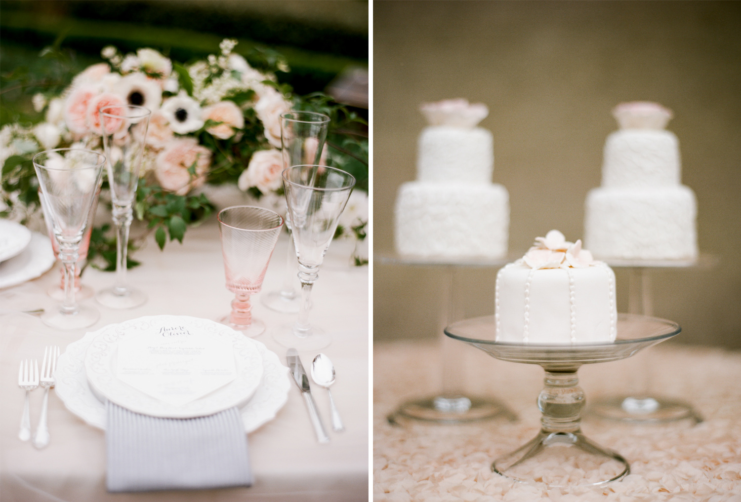 Cream and blush florals with mini fondant cakes at an intimate wedding reception in San Francisco; Sylvie Gil Photography