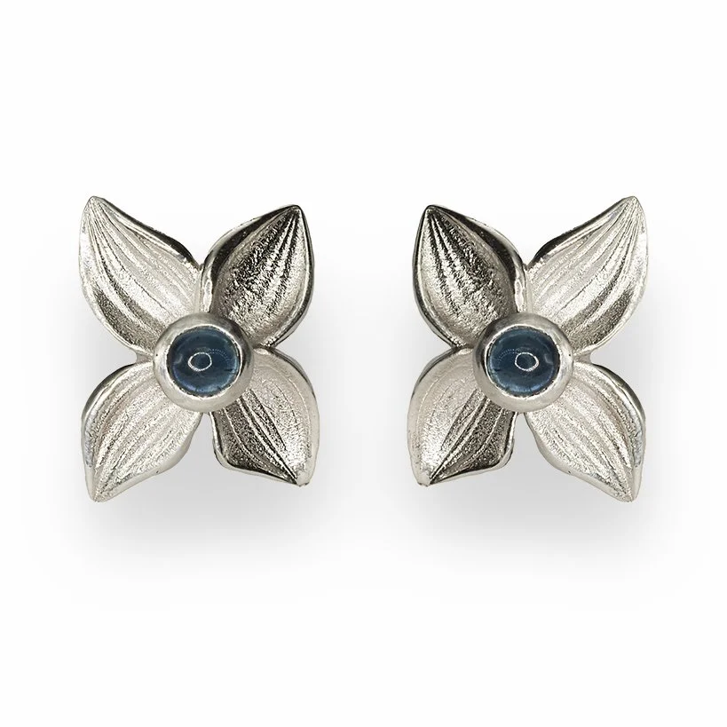 Silver dogwood earrings with sapphires