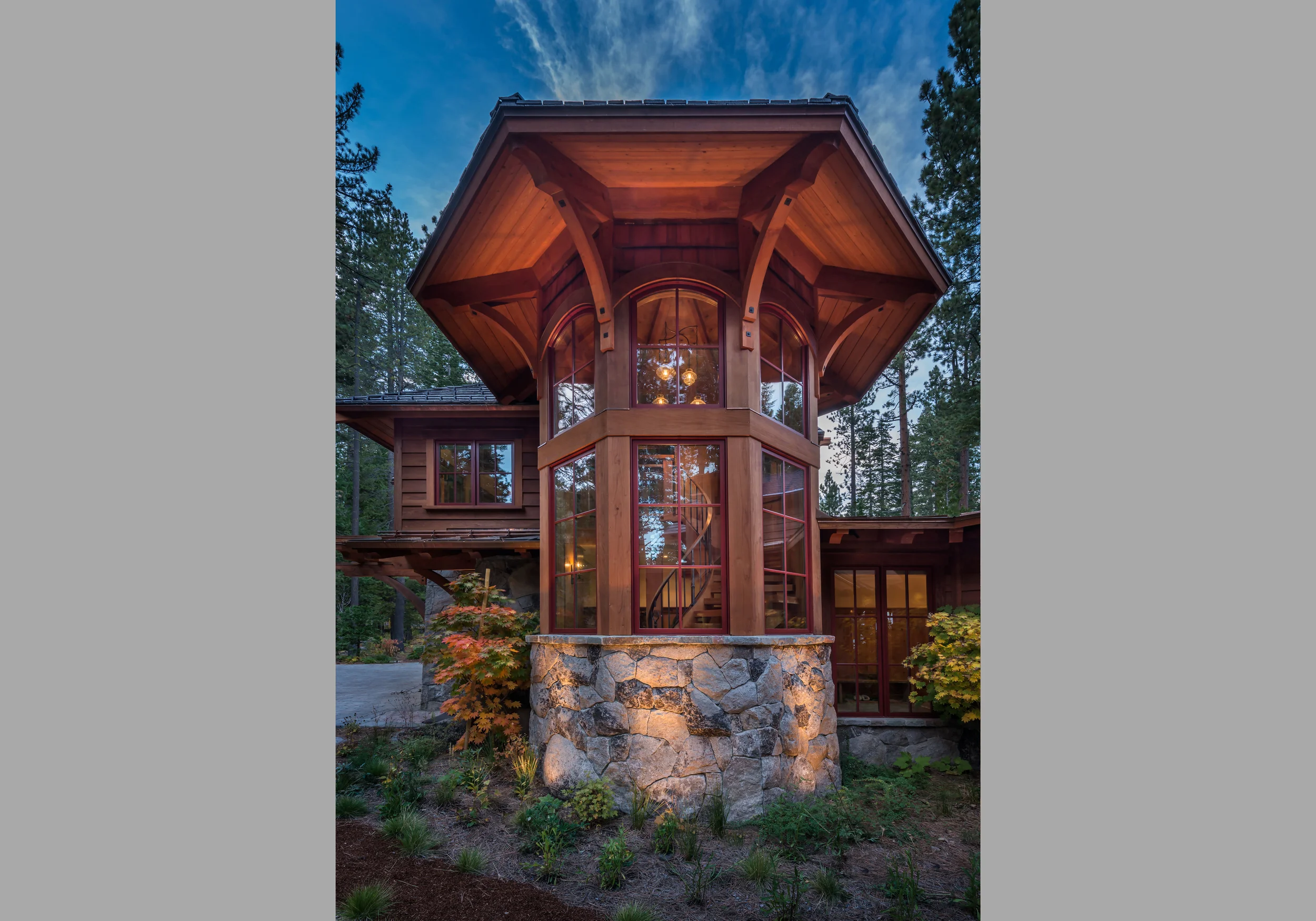 Contractor: Jim Morrison Construction Photography: Vance Fox Square Footage: 4,345 sf Features: Inglenook, Exhibition Wine Room, Turret Staircase, Natural Creek with Bridge, Lake Front Terrace + Firepit bedrooms: 4 bathrooms: 4.5