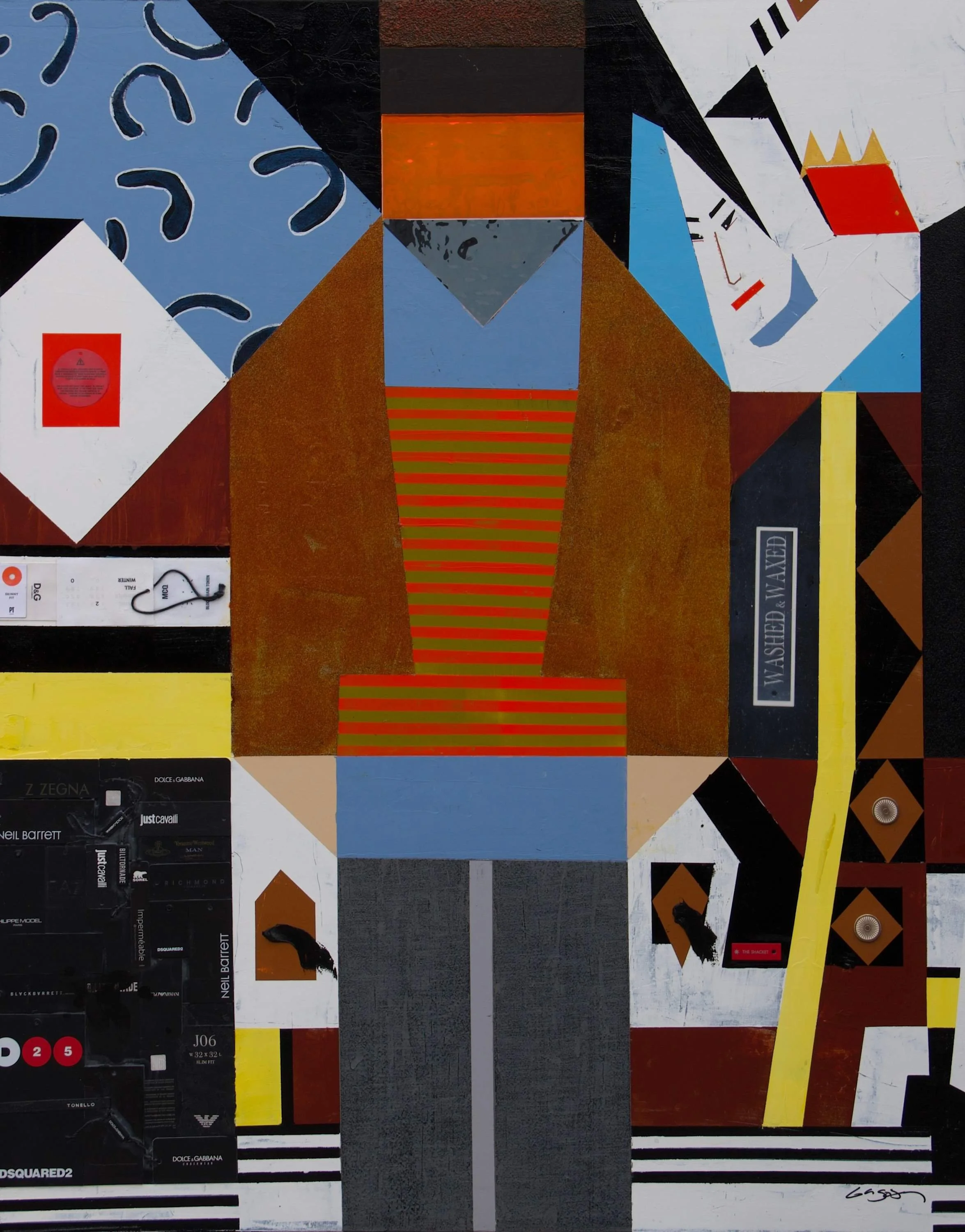 BRENT GODFREY, A FASHIONABLE MAN. PIGMENTS, SAND, GROUND LAVA, PAPER, STRING, GLITTER, METAL, CRYSTALS & POLYMER ON CANVAS, 40X50 IN.