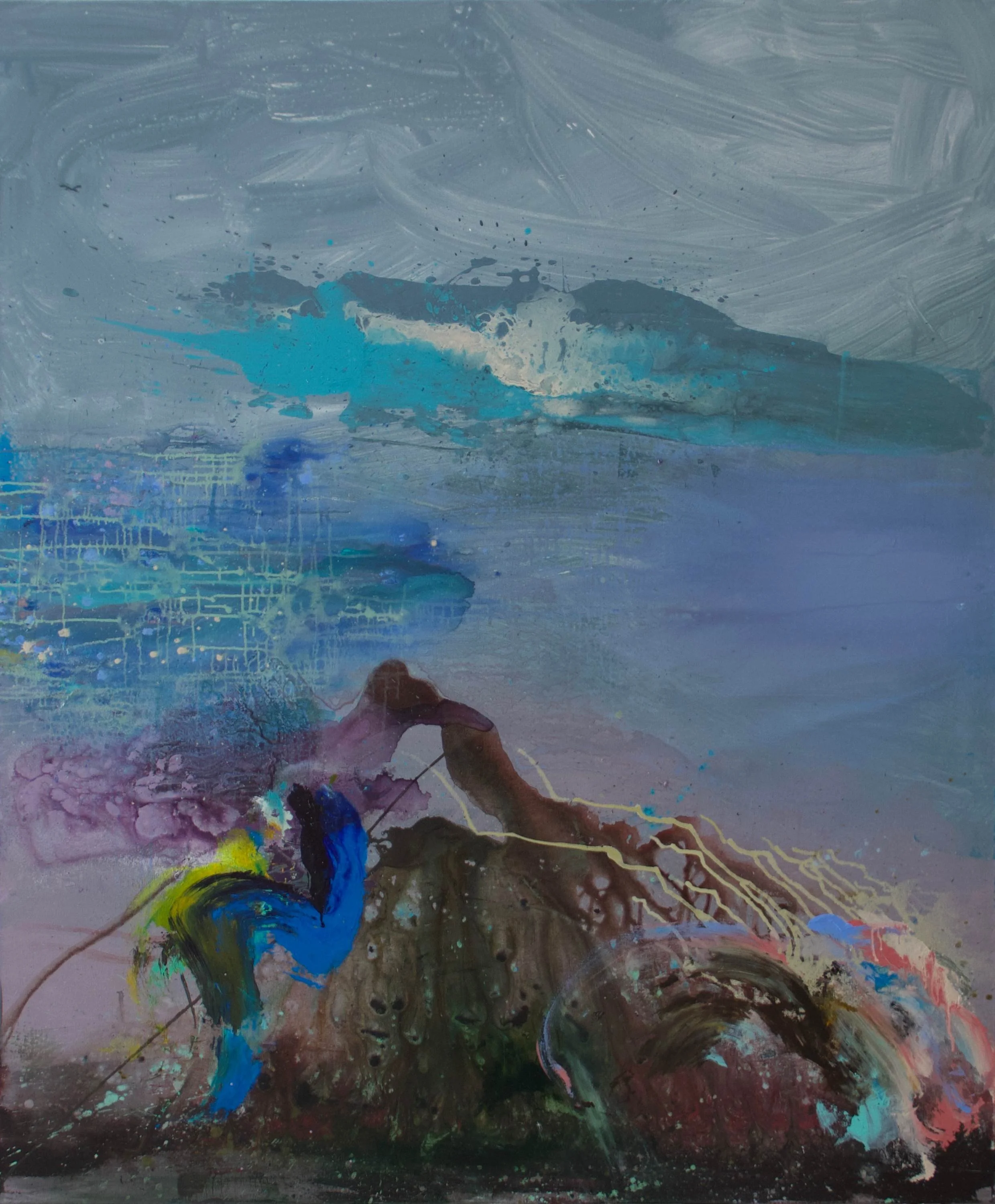abstract painting by Brent Godfrey, blue background with sky or water references, energetic form rising from the bottom