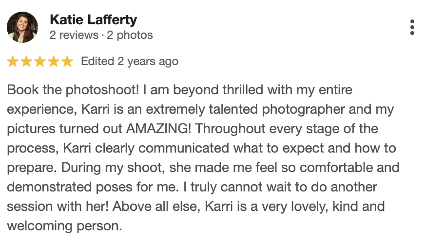 Screenshot of a Google review for a photography session, praising the photographer Karri for her talent, clear communication, and friendly demeanor.