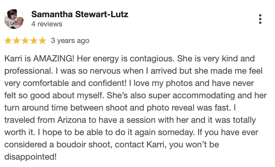 Screenshot of a five-star review written by Samantha Stewart-Lutz about her experience with a photographer named Karri, praising her professionalism and the quality of the photography session.