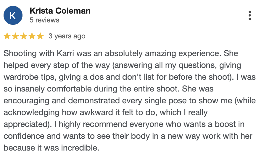 Screenshot of a Google review by Krista Coleman praising Karri for a shooting session, highlighting her helpfulness, encouragement, and professionalism.