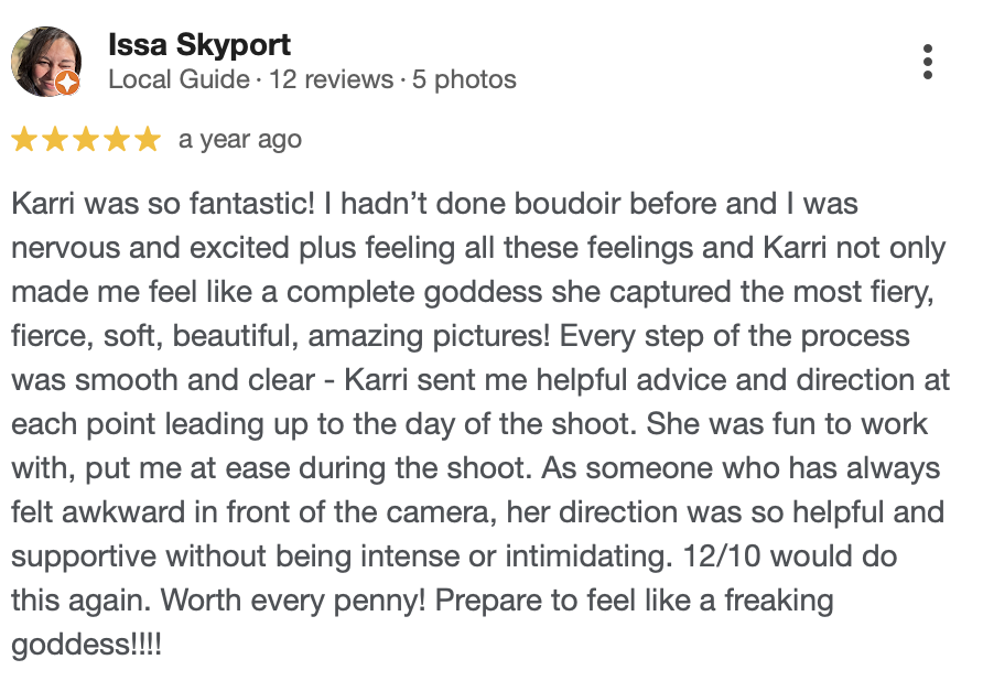 Screenshot of a Google review for a photographer named Karri, praising her for a boudoir photo shoot experience.