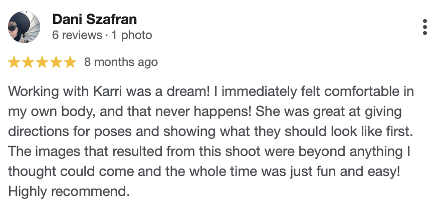 A 5-star review by Dani Szafran about working with Karri at a photoshoot, praising the directions given and the quality of the images.