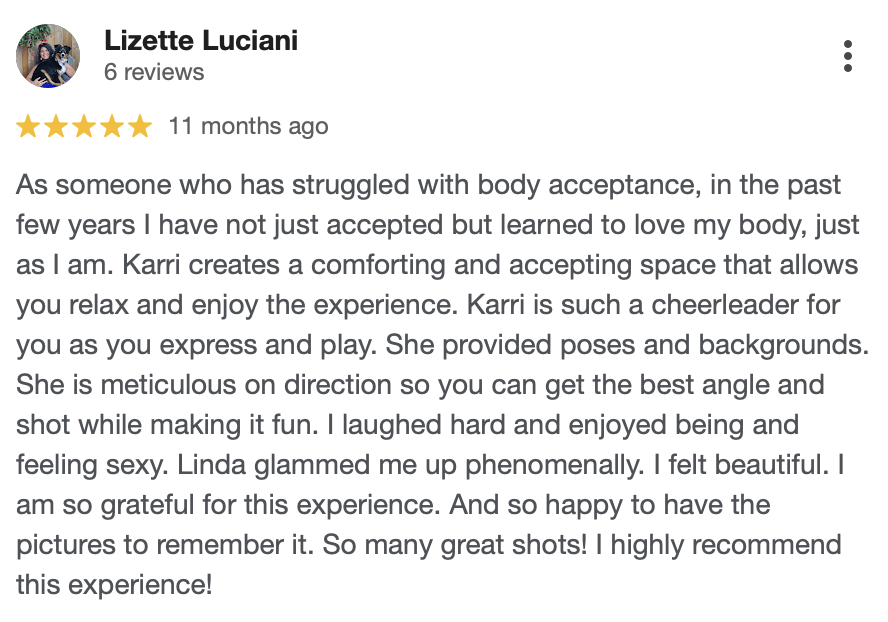 A positive review on a Google profile with 5 stars, written by Lizette Luciani, praising a photography experience with Karri, describing her as a cheerful and meticulous photographer who provided poses and backgrounds, made the client feel beautiful 