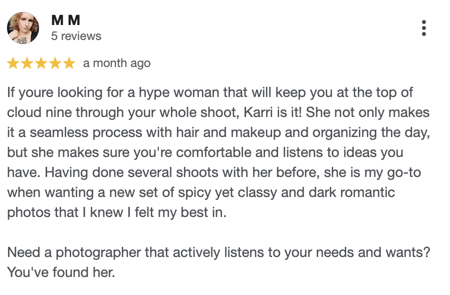 Screenshot of a Google reviews page with a 5-star review by a user named M M, praising a photographer named Karri for her professionalism and ability to listen to clients' needs.