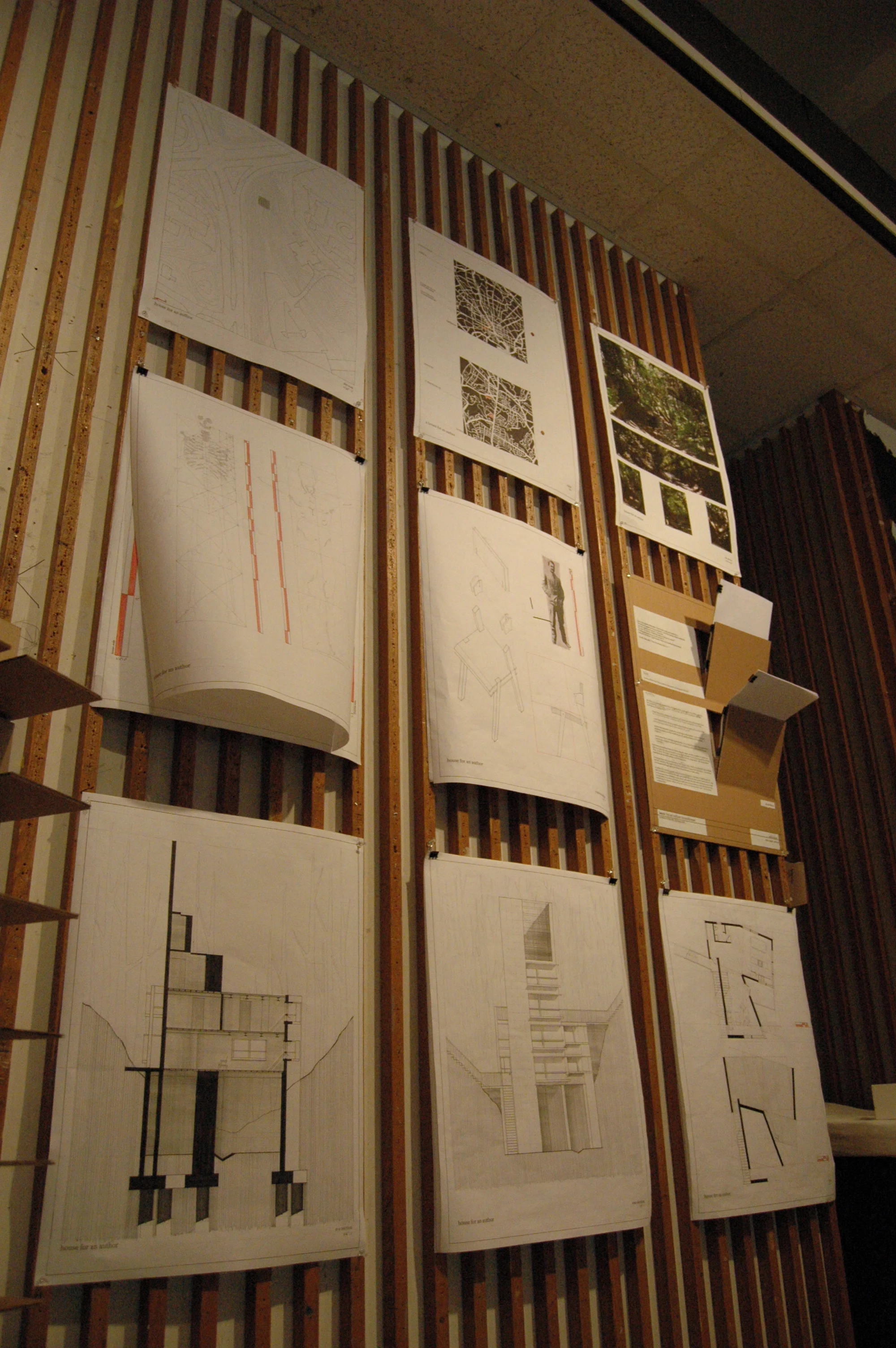 My thesis in architecture school was a house for an author. Some of my writing (and my rejection letters) were part of my pin-ups, visible here in the middle row, all the way to right.