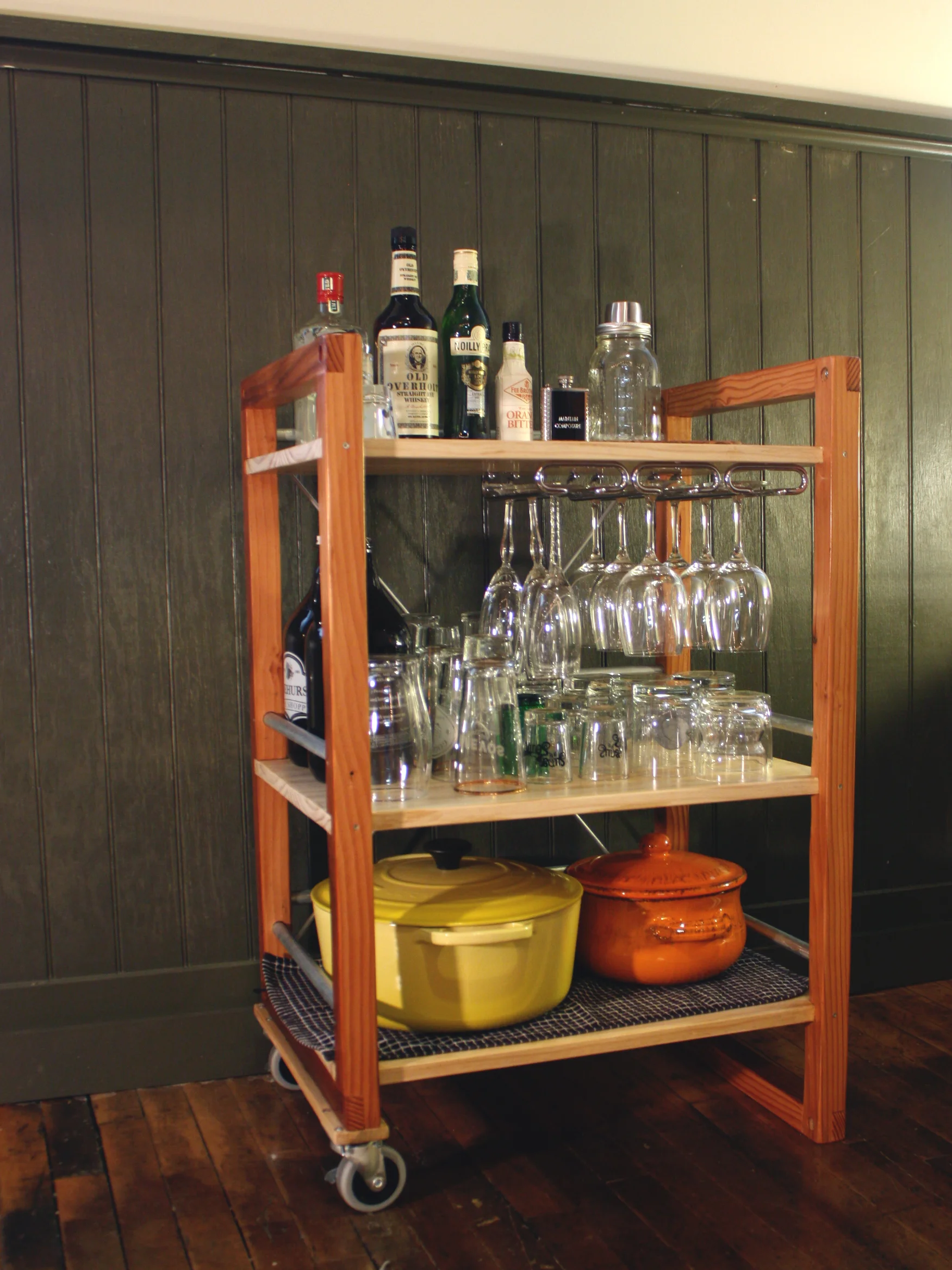 Space between shelves was determined by dimensions of barware. 