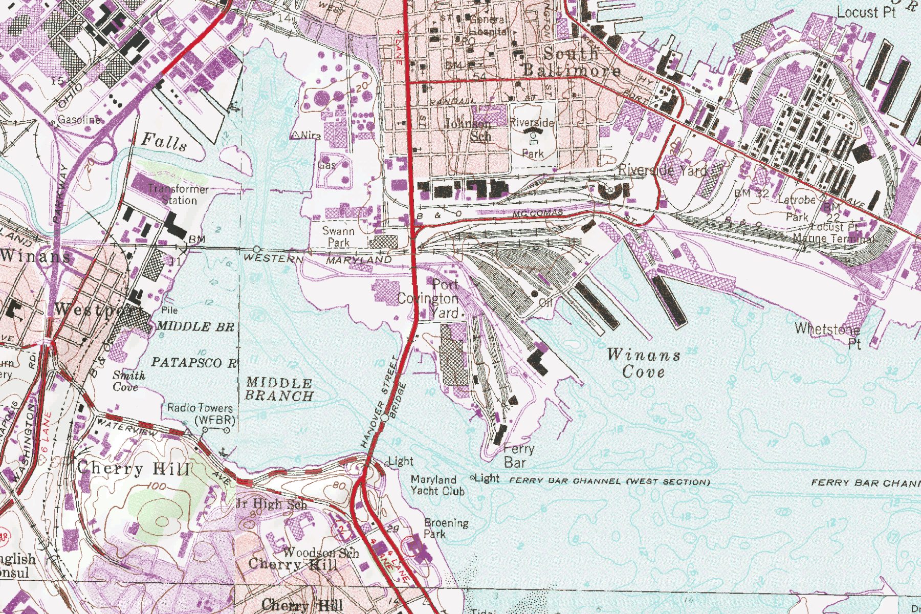 Map via Western Maryland Railroad fan site. Modern-day Port Covington is the railroad-covered tract to the left and above Winans Cove.