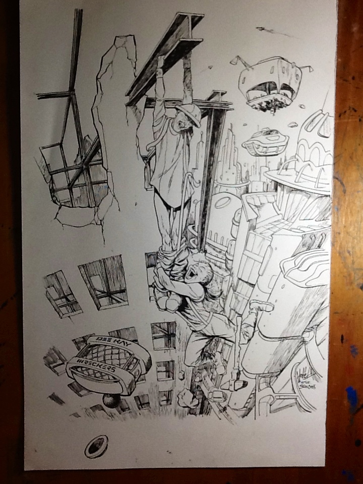 In my enthusiasm, forgot to draw the falling hat. It's there on the bottom of the page, waiting to be cut and pasted in the composition.