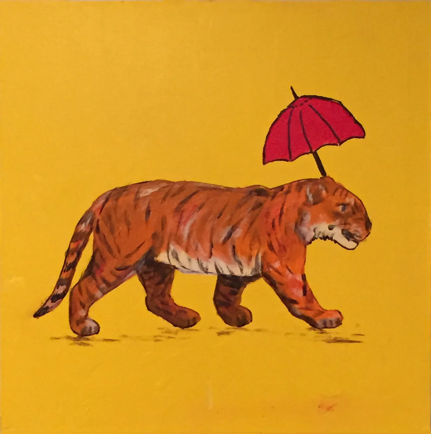 Tiger with Red Umbrella . Acrylic on board. 8"x8"x1.5". SOLD .