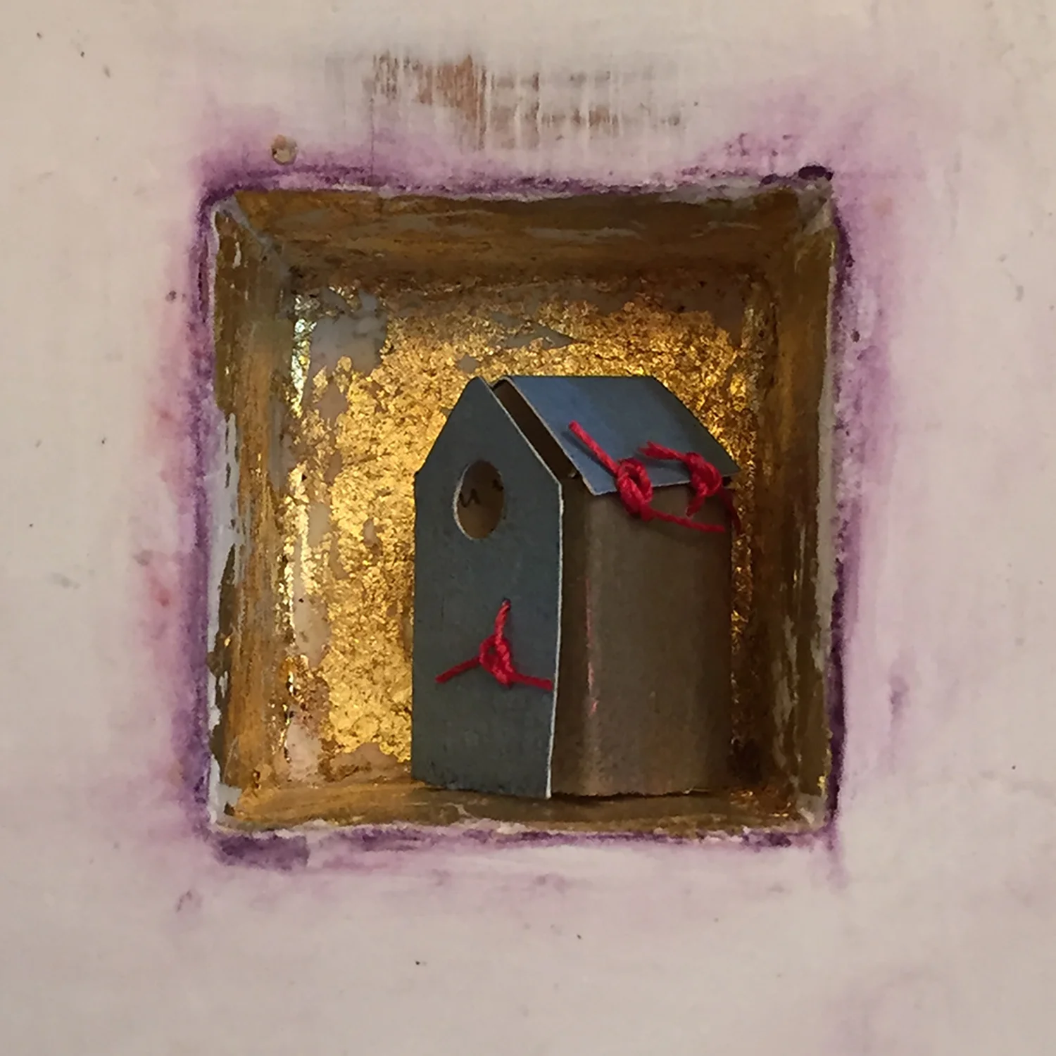 Detail: Tiny Blue House . Limestone clay, acrylic, 24k gold leaf on board. Tiny house made from pastel painting. 5"x5"x2". $150.
