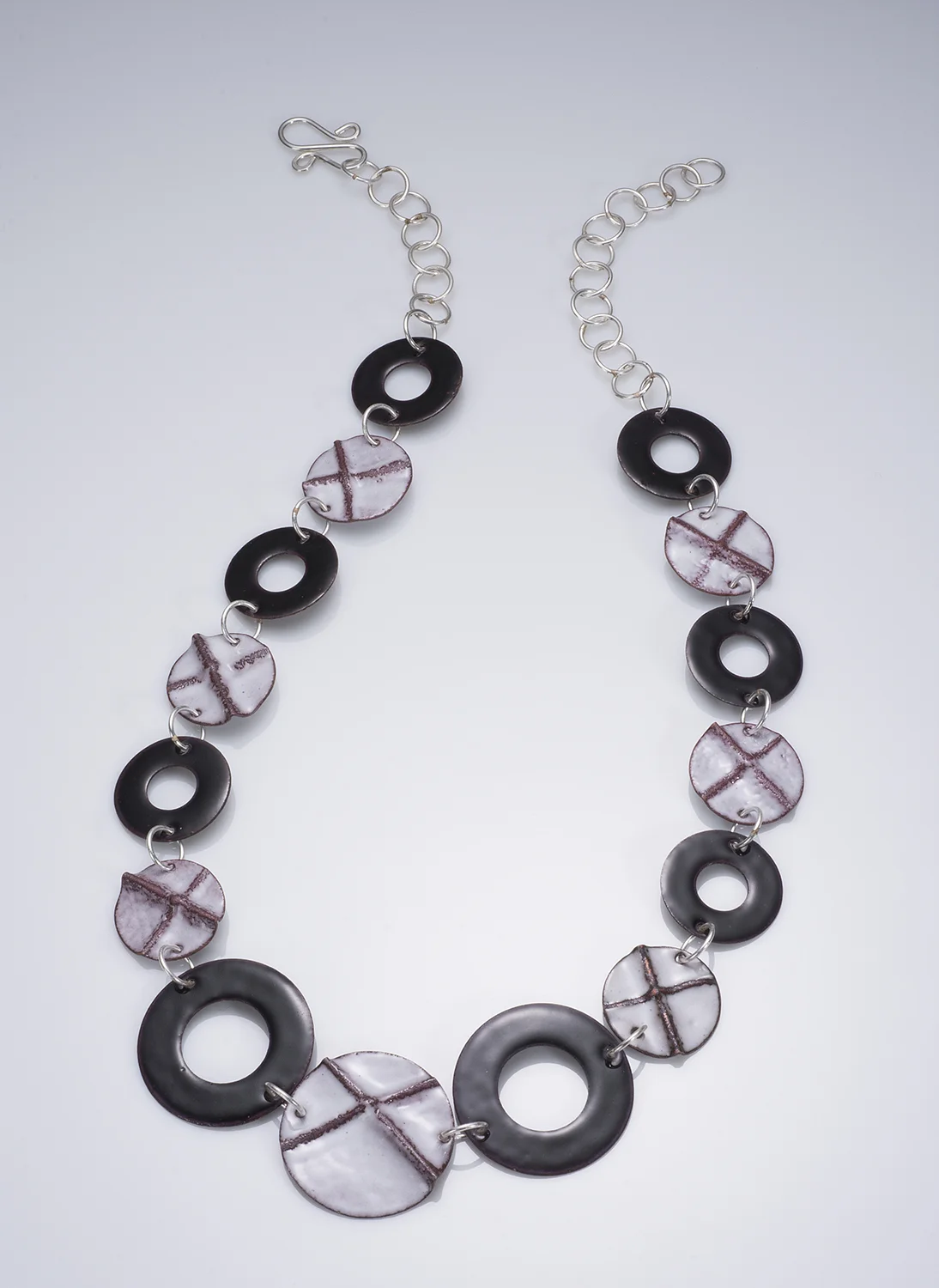 Hugs + Kisses Necklace. Enamel on fold-formed copper. Handmade sterling chain and clasp.