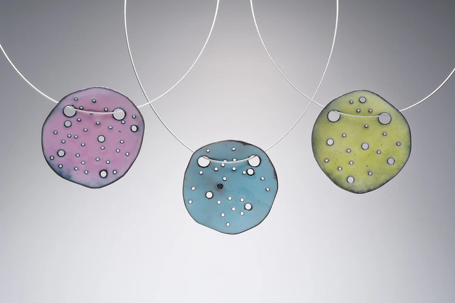 Holey Moley Necklaces. Enamel on Copper. Stainless steel neck cable w/ magnetic clasp. 