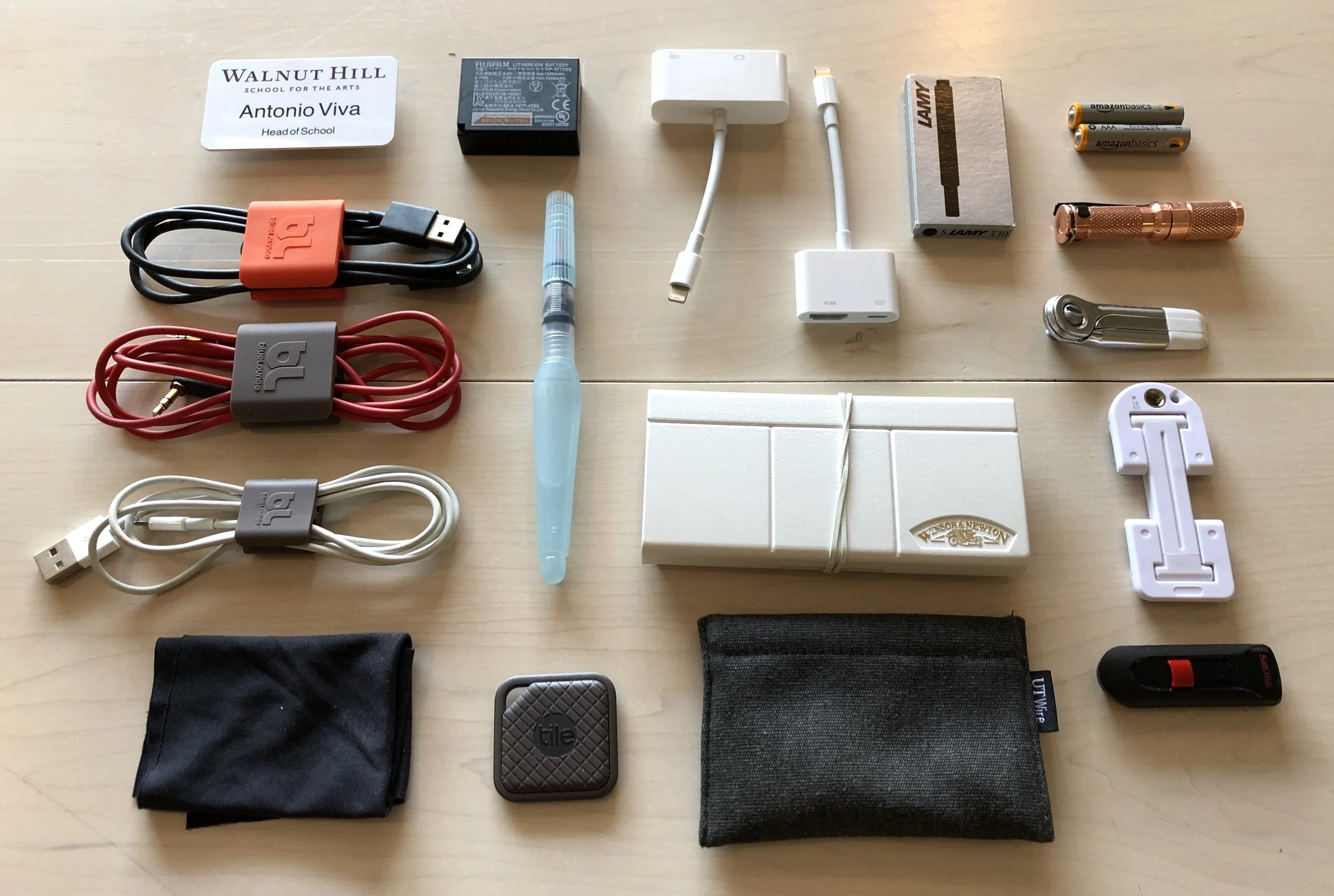 Cables, dongles, batteries, etc. are stored in the large black mesh pocket. 