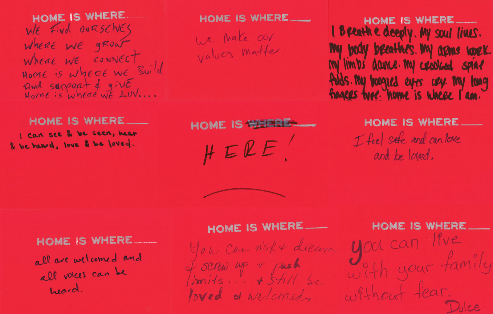 "Home is Where____________" prompt cards and responses. 