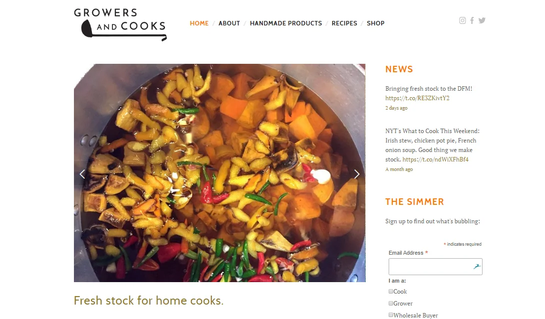 I created a customized Squarespace website for Growers & Cooks, a Durham, NC, based stock company. 