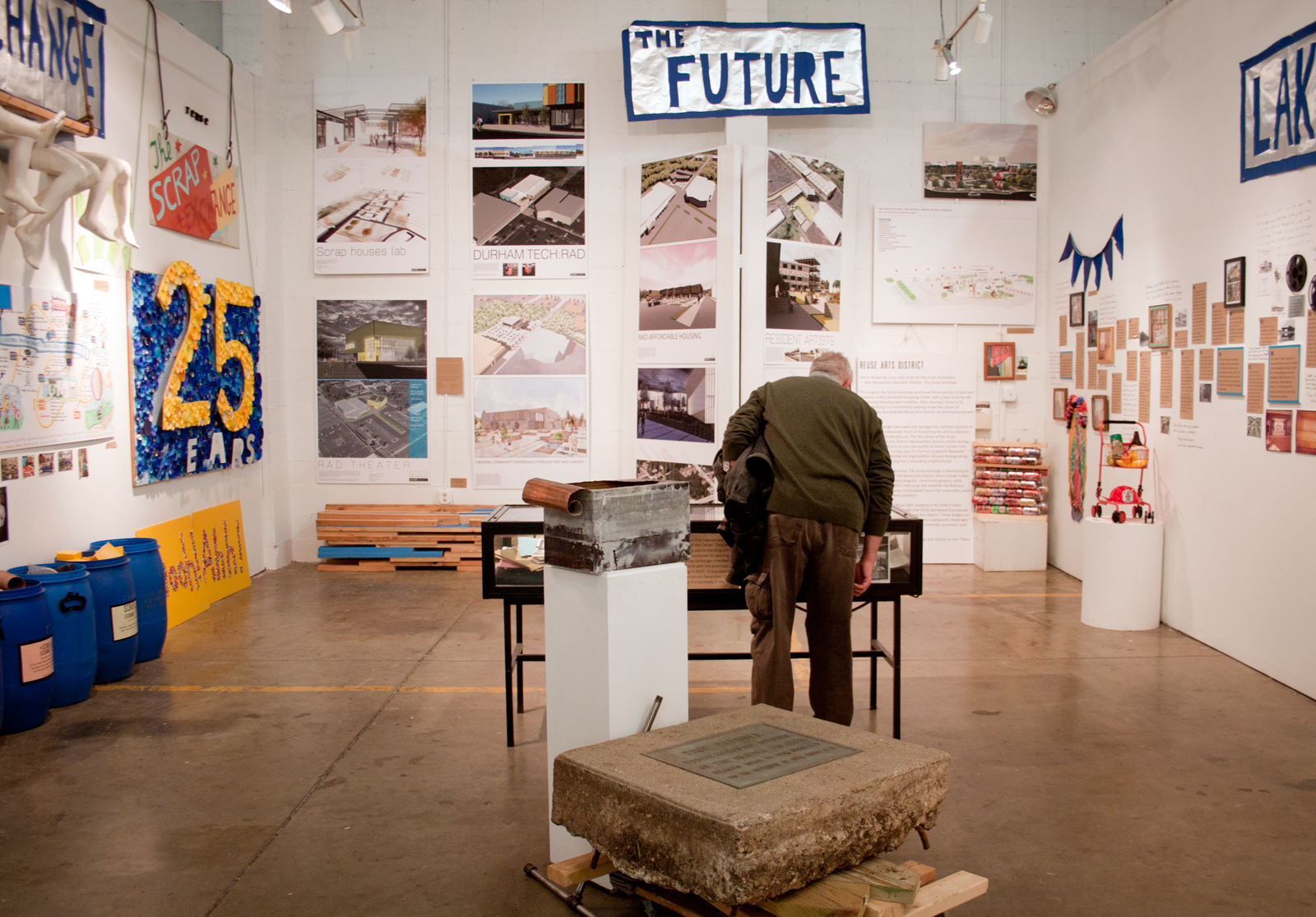 The exhibit included a history of the Scrap, a timeline of the Lakewood neighborhood and shopping center, and visions for the Reuse Arts District designed by NC State architecture students.