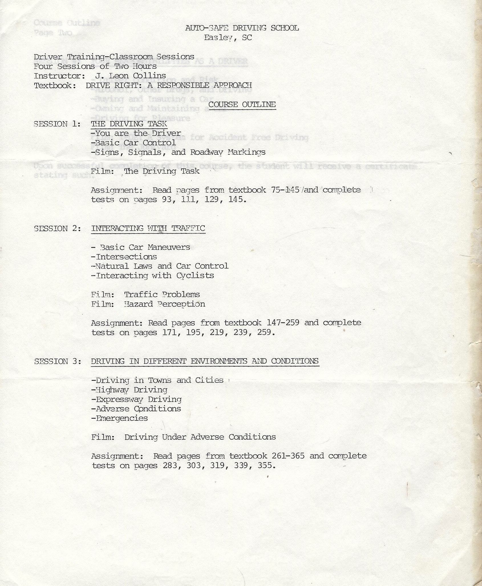Original Course Outline for "Drive Right" 1991