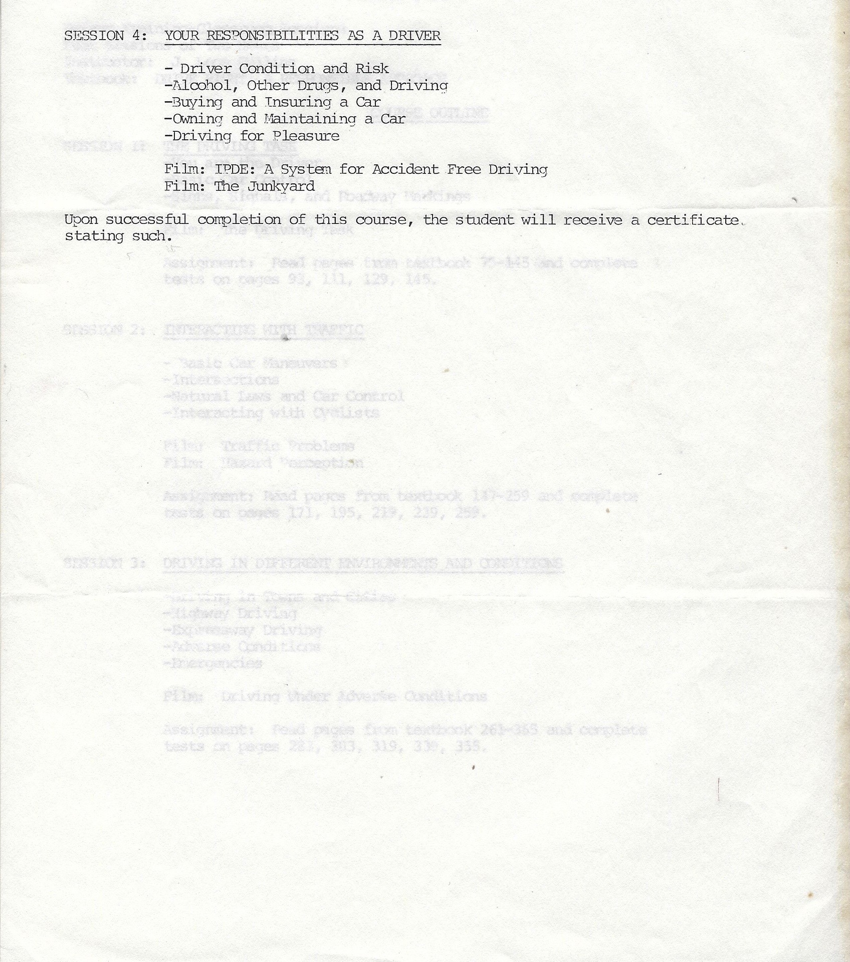 Original Course Outline for "Drive Right" 1991