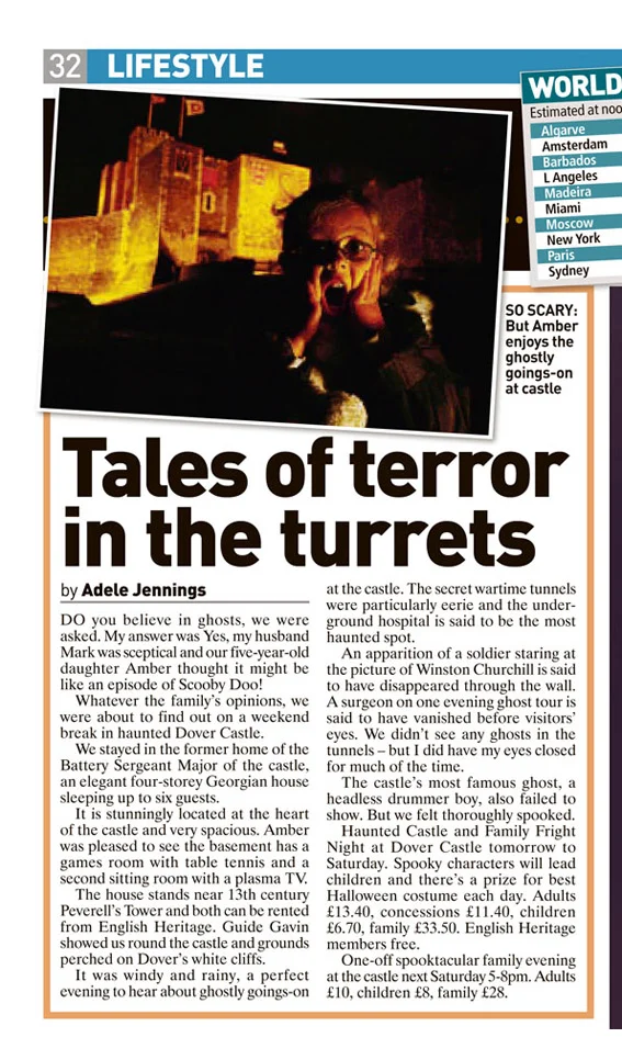 Travel piece from when we visited Dover Castle and stayed for a couple of nights! Published in The Sunday People, October 25, 2009