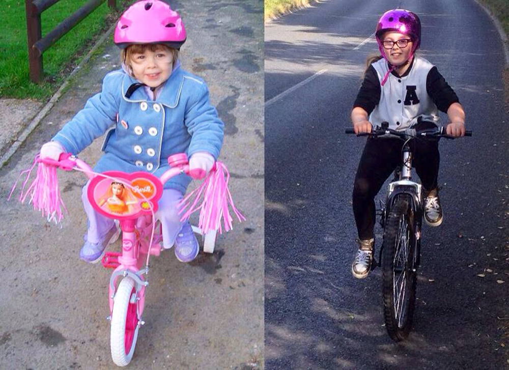 Amber with her first bike when she was 3, and recently after her Bikeability course at school