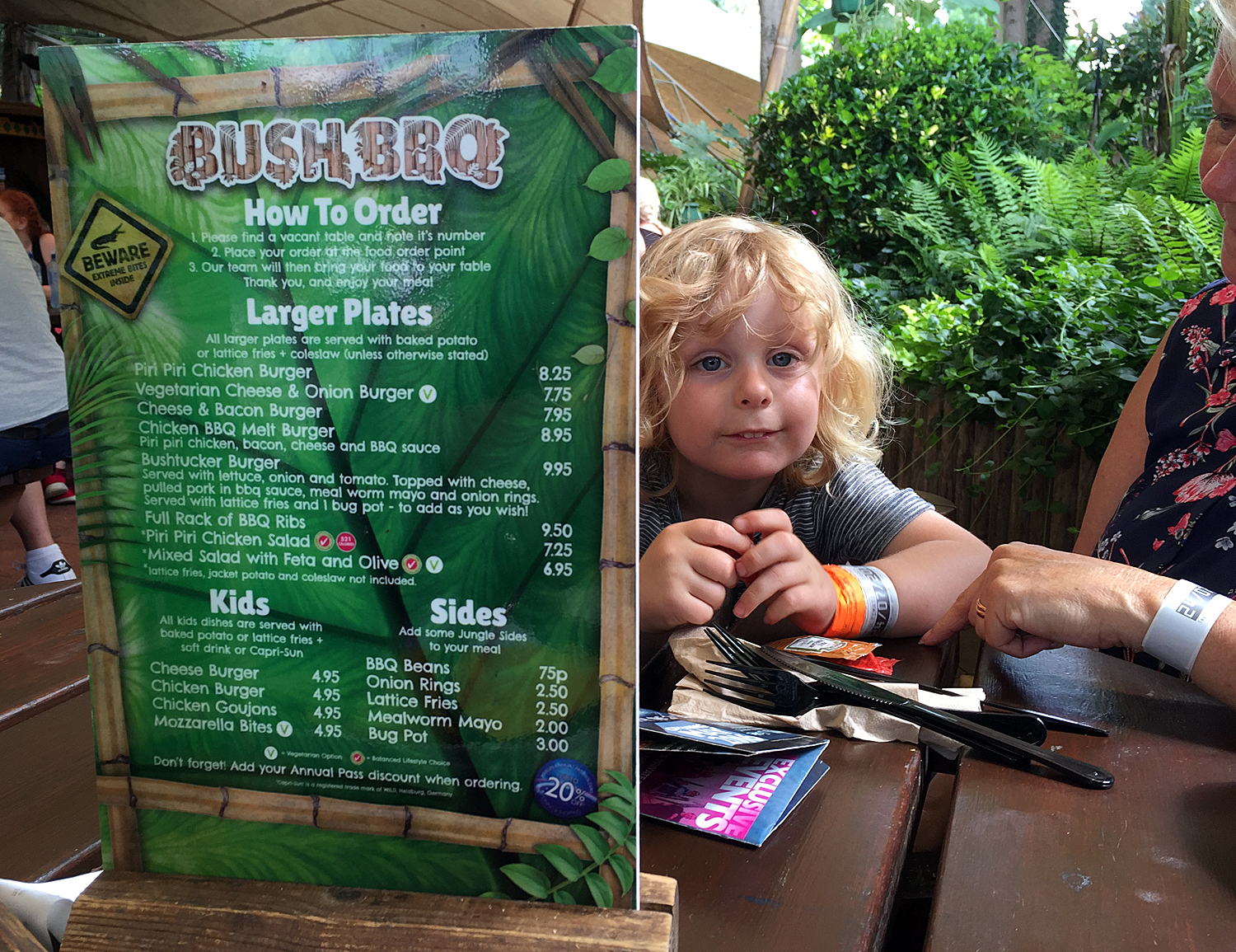 Having lunch in the Bush BBQ at Thorpe Park