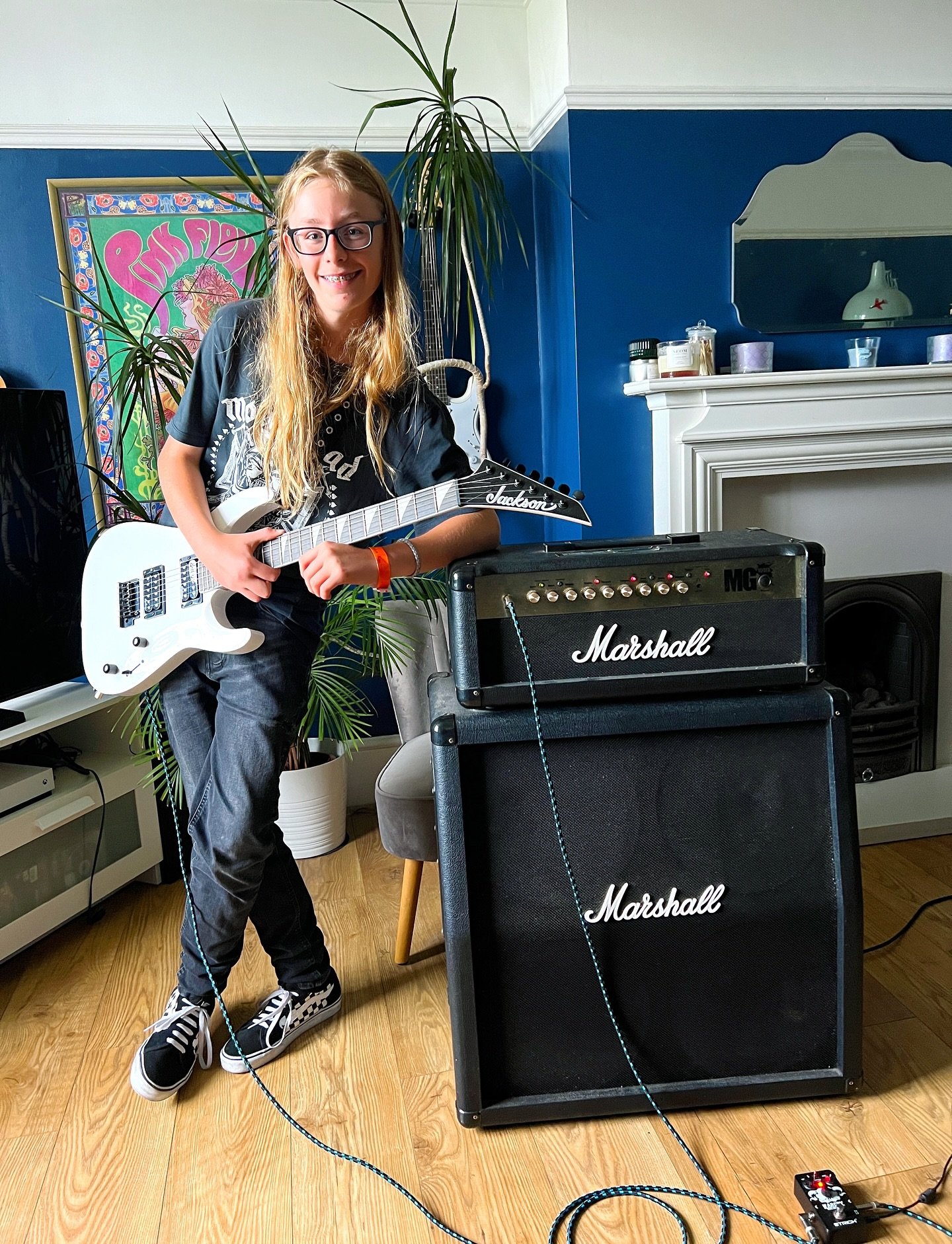 Our son is very happy with his Facebook Marketplace find! My question to him was&hellip; Does it go up to 11? 😂

#marshallamps #spinaltap #jacksonguitar #youngmusician #metalfan #metalhead #lovemusic #turnituptoeleven